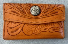 American West Brown Leather Floral Embossed Tri-Fold Wallet Hand Tooled Western