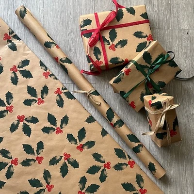 Christmas Kraft Wrapping Paper *Holly Extra Wide 75cm Recyclable Wrap opt ribbon