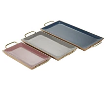 Mango Wood Tray with Enamel Interior, Set of 3 24", 18", 15"W, Multi Colored