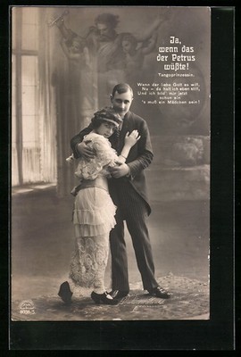 Postcard operetta yes if Peter knew, couple holding each other in arms 1916 