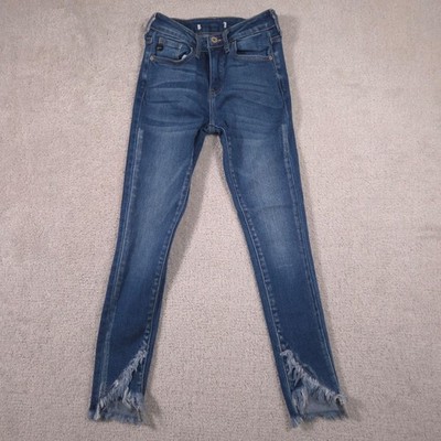 KanCan Jeans Womens 23 Blue Med Wash Mid Rise Skinny Distressed Frayed Hem Crop