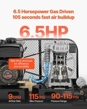 9 Gallon Twin-Tank Gas Powered Air Compressor, 6.5HP 9CFM Gas Driven Air Compres