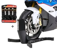 Motorcycle Front Wheel Chock Set with ratchet straps hooks black ConStands Easy 