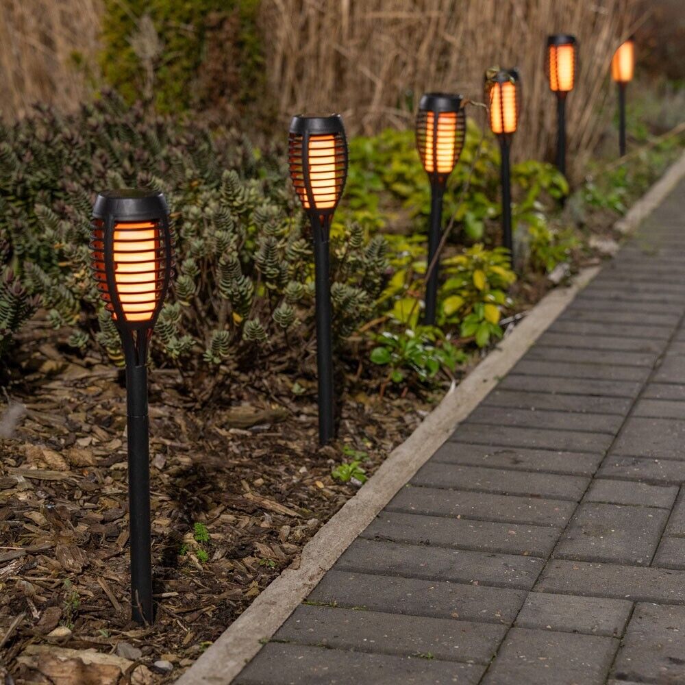 Set of 6 Flame Stake Lights Black Spikes Solar Powered Garden Outdoor Path Patio - Picture 1 of 5