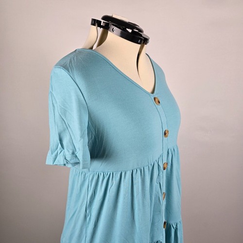 Kojooin Dress Women's Large Blue Ruffle Tiered Short Sleeve Button Detail VNeck - Picture 2 of 14
