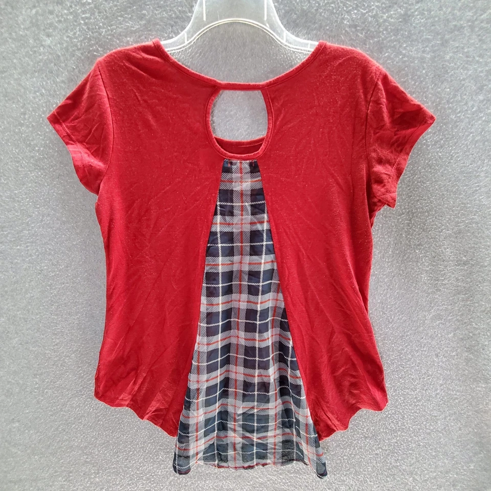 Camiseta Bongo Mujer Top XL Roja a Cuadros Brillo Gráfico Corazón Cruz Dobladillo Alto-Bajo Foto 4 de 4