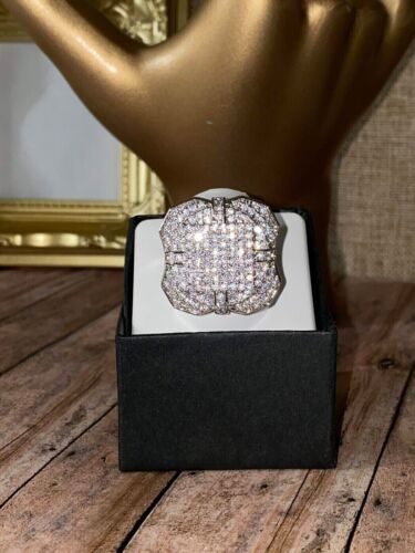 4Ct Real Moissanite Men's Unisex Designer Big Wedding Ring 14k White Gold Plated - Picture 2 of 7