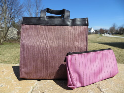 NEW - Estee Lauder small tote bag with small makeup case - burgundy herringbone - Picture 1 of 4