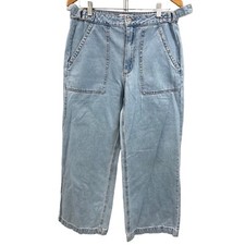 Vintage 90s Wide Leg Cropped High Waist Back Button Flap Pocket Denim Pant Sz 31