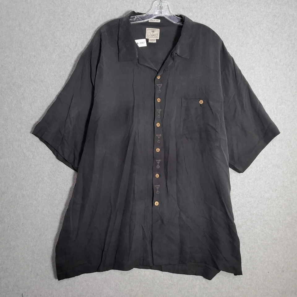 Camisa con botones Luau para hombre 2X negra 100 % seda Martini cigarros cuello bordado Foto 2 de 4