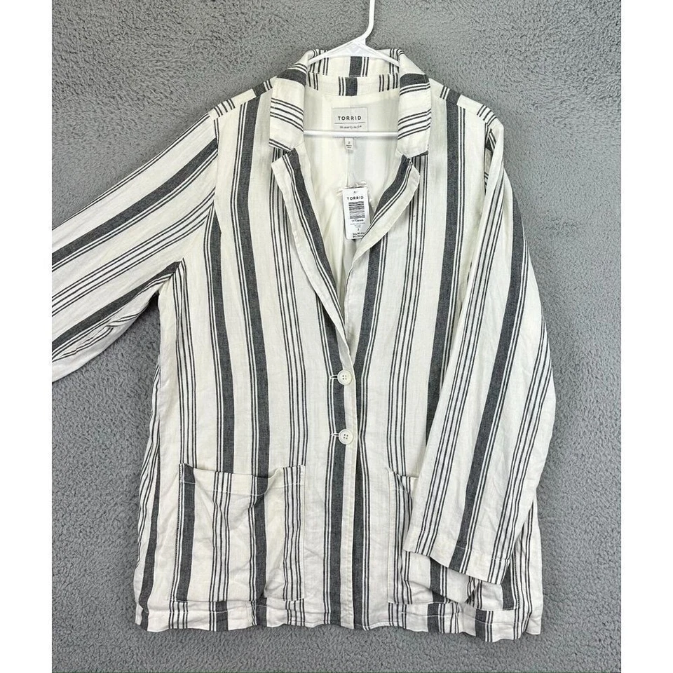 Blazer de lino torrido para mujer 2 abrigo a rayas blanco gris mezcla a rayas elástico NUEVO Foto 4 de 4