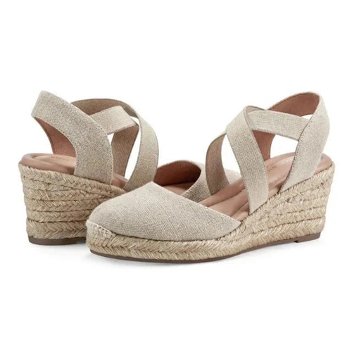 Easy Spirit Meza Sandal Women's 8.5 Beige Slip On Wedge Heel Espadrille RHS8370