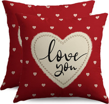 Valentines Day Pillow Covers 18X18 Set of 2, Red Cream Heart Print Love You Vale