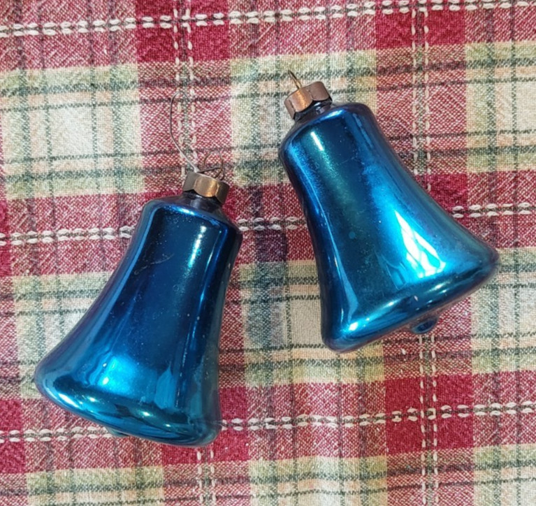 TWO Vintage 3" SHINY BRITE Blue Mercury Glass Bell Christmas Ornaments