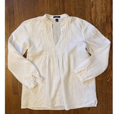 Chaps Womens White 100% Linen Pintuck V-Neck Tunic Blouse Top Large
