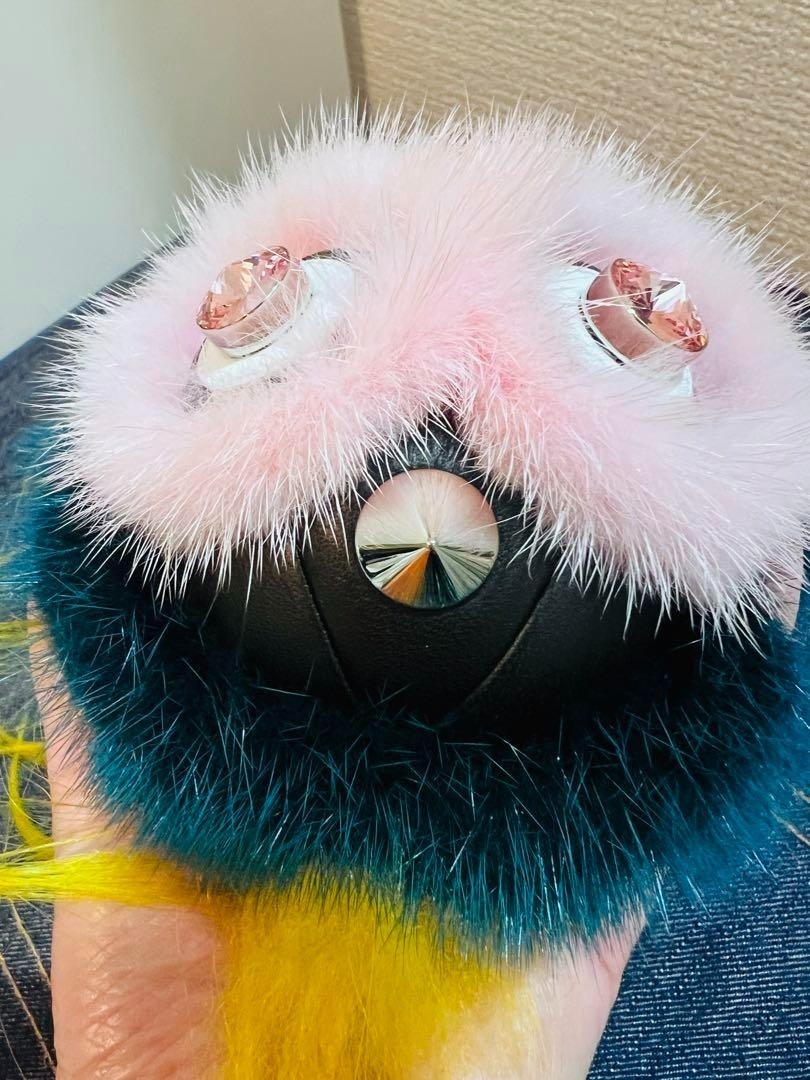 FENDI Monster Bugs Bag charm Fur Leather Green Pink Studded Key