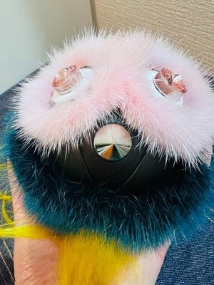 FENDI Monster Bugs Bag charm Fur Leather Green Pink Studded Key