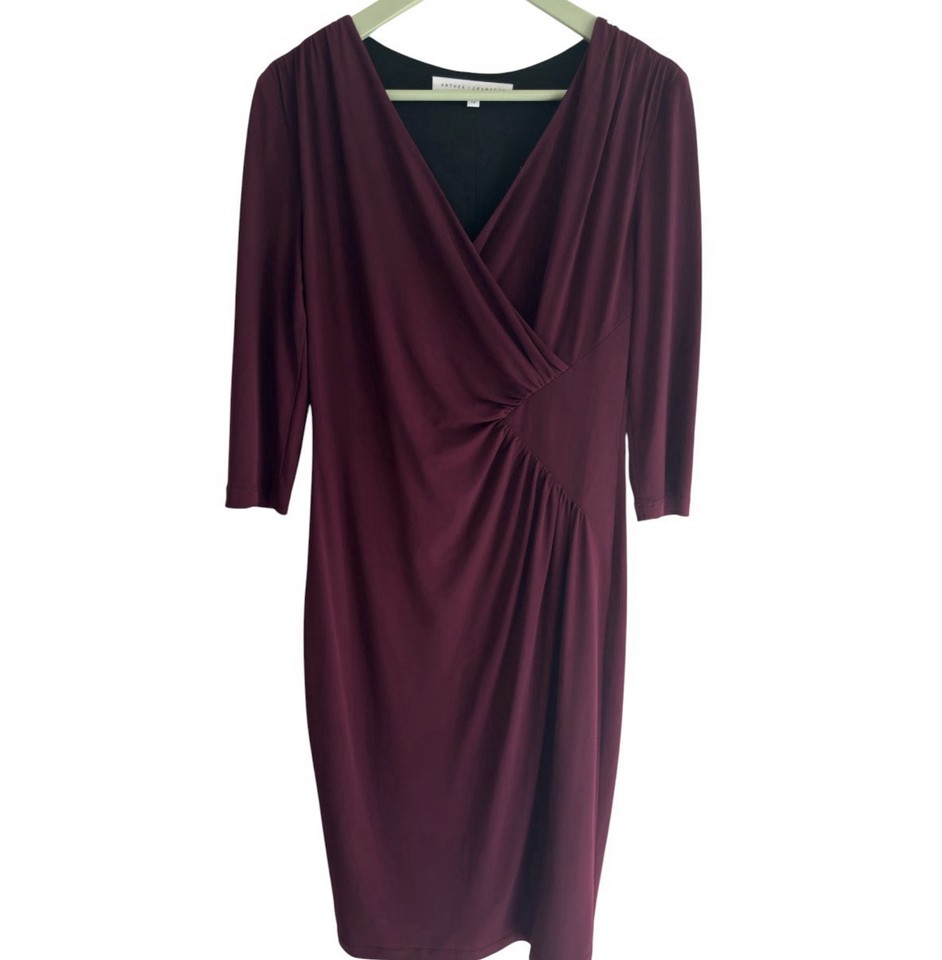Anthea Crawford Womens Dress Size 12 Burgundy Wrap V Neck Ruched Sheath 1/2 
