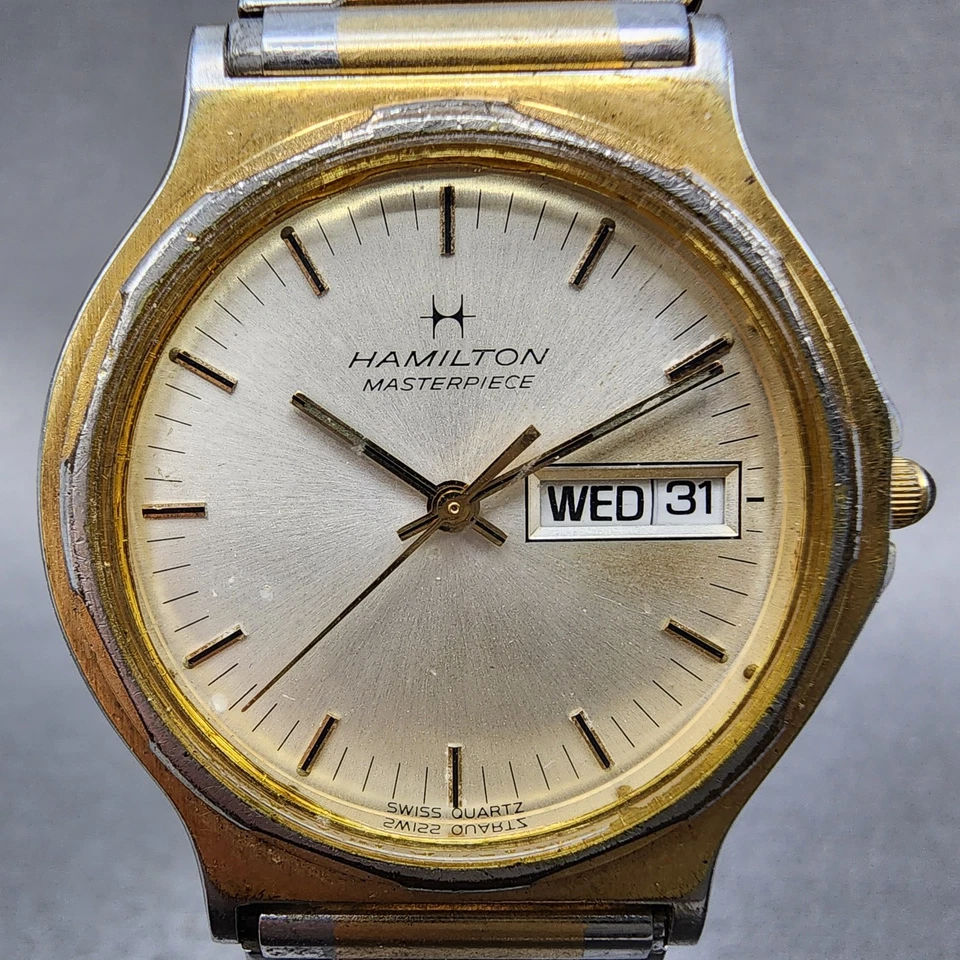 Reloj Hamilton Obra Maestra Hombre 32mm Esfera Plateada Tono Dorado Fecha 9404 Nuevo Batt Foto 2 de 4