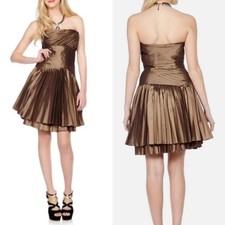 8 Halston Heritage Bronze Pleated Metallic Mini Dress Sleeveless Cocktail Party