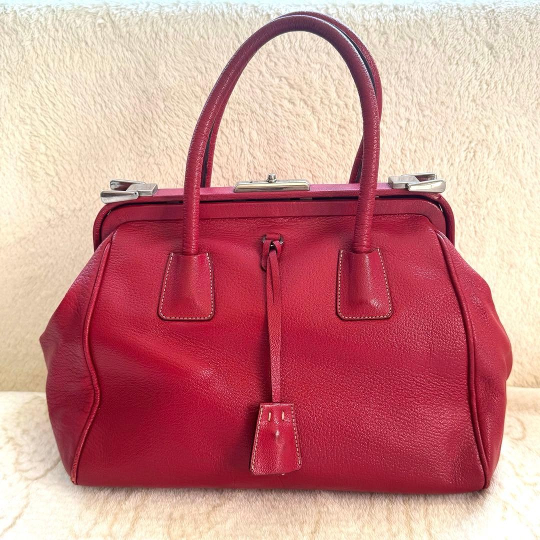 PRADA Hand Bag Clasp Purse Leather Red Silver thumbnail 16