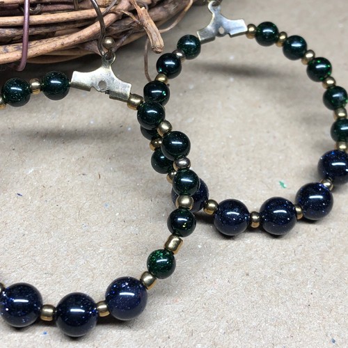 Alcyone - Navy and Forest Goldstone bead bronze hoop earrings - Picture 2 of 6