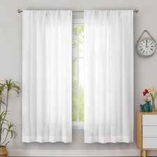 White Faux Linen Textured Curtains 63 Inch Length 2 Panels for Bedroom, Semi ...