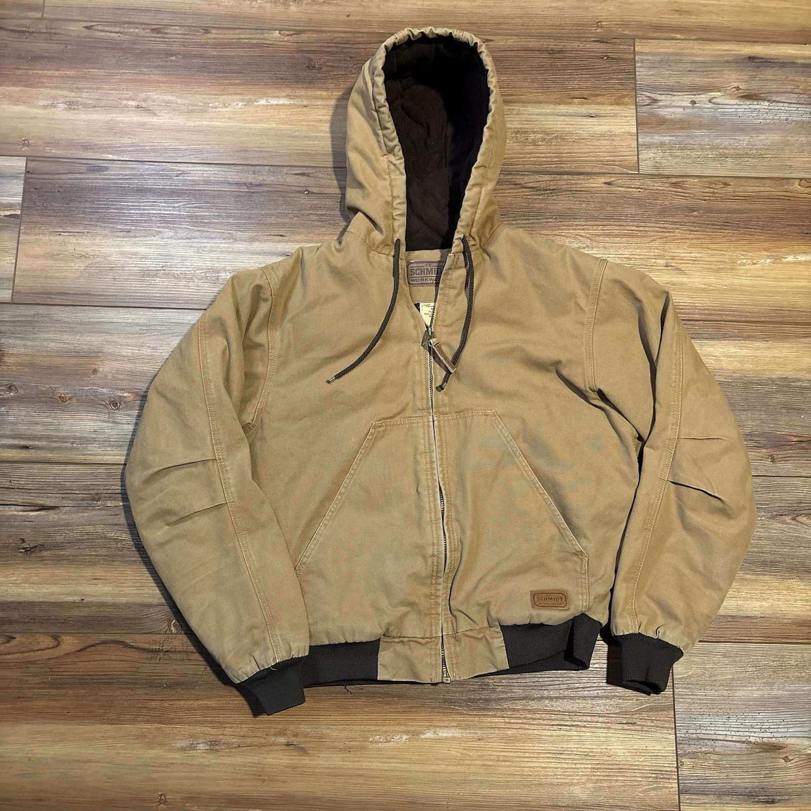 C. E. Schmidt Workwear Canvas Duck Hooded Jacket Brown Quilted Lining Medium MR
