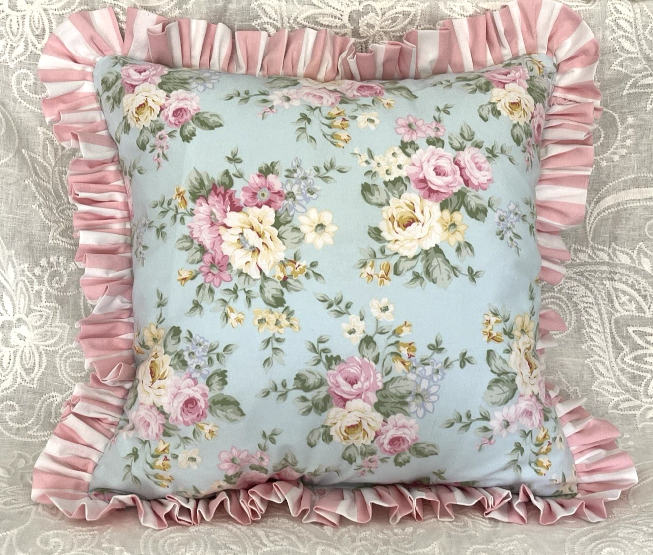 Baby Nursery Bedding Blue Cottage Floral Throw Pillow w Pink Stripe Ruffle Trim