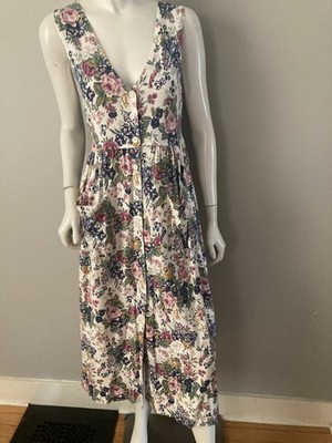 Vintage 90s  Dress Cottagecore Floral Midi Dress Cotton Kangoo Pockets Size Sm