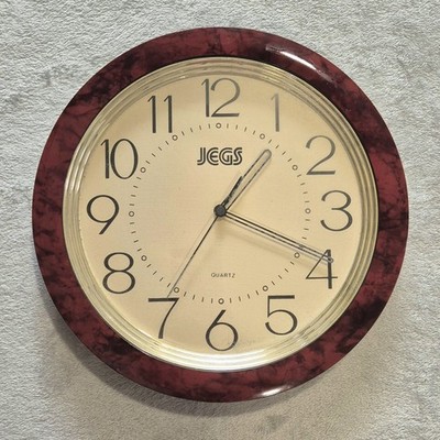Vintage JEGS Quarz Wanduhr 10 Zoll rund Kunstmarmor Burgunder Rahmen