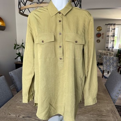 Lands End Womens Medium 10-12 Olive Green Utility Tunic Button Front Shirt Top