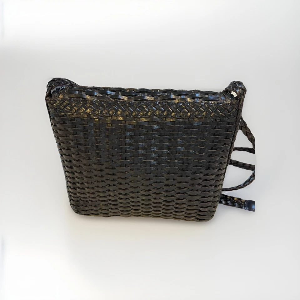 Vintage CEM Tecido Preto Couro Genuíno Cesta Bolsa de Ombro Tecer Corpo Cruzado - Imagem 4 de 4