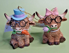 Hobby Lobby Easter 2026 3" Highland Cow with glasses Ornament Set of 2 NWT