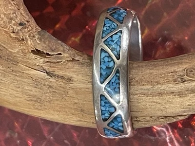 Navajo Chip Inlay Türkisring , Sterling Silber, Indianerschmuck 
