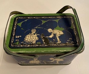 Vtg Blue & Green Tin Plate Lithograph Ohio Art Co Lunchbox Antique 2 Kids + Cat