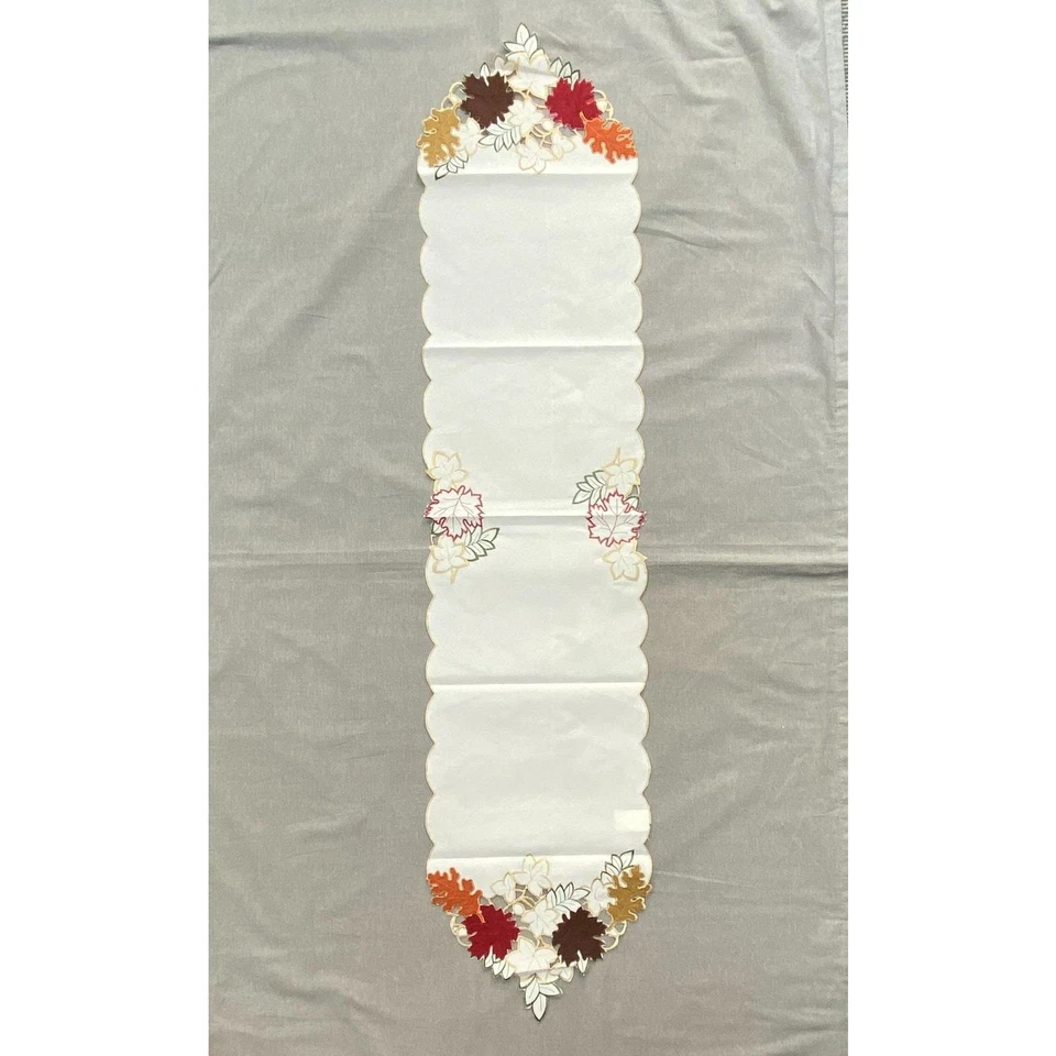 Collections Etc Fall Leaves Table Runner Multicolor Ivory Cut Out Embroidered - Image 2 of 4