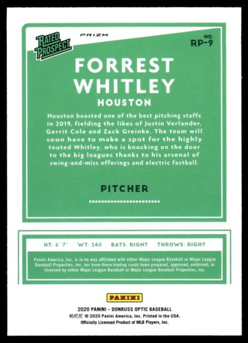 2020 DONRUSS OPTIC RATED ROOKIE HOLO Forrest Whitley R42 Houston Astros #RP-9 - Picture 2 of 2