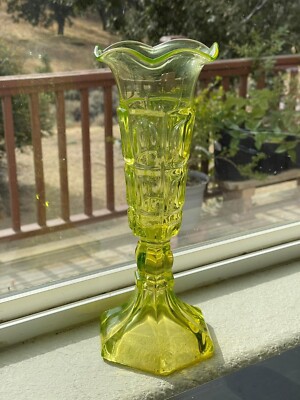 Awesome 1860 s New England 3 Printer  Block Canary Yellow Pressed Vase