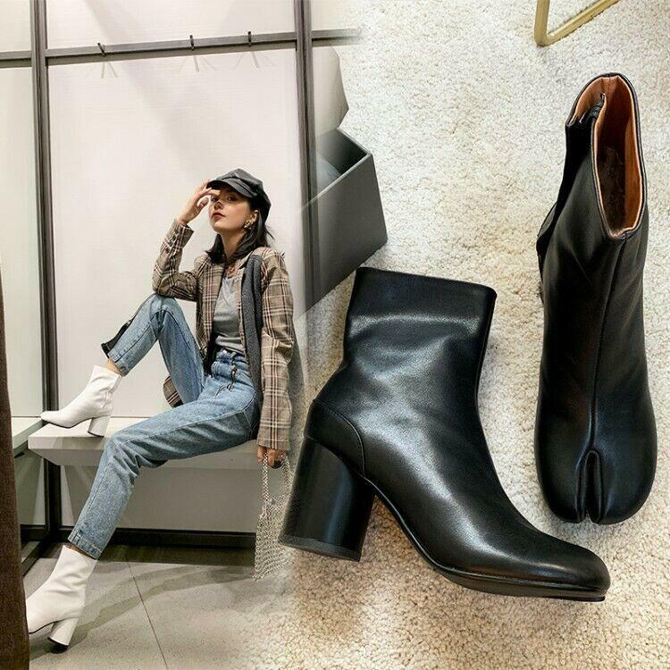 靴 Tabi Heels Womens Tabi Split Toe Bootie Block Heel Side Zip Ankle Boots