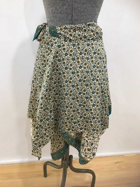 Tree of Life reversible blue floral hanky hem short wrap silk skirt top S