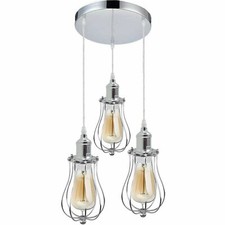 Vintage Pendant Light Fixture 3-Light Hanging Ceiling Lamp Chrome Cage Kitchen