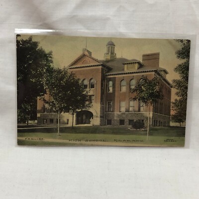 Vintage Milan Michigan Postcard High School Hand Colored