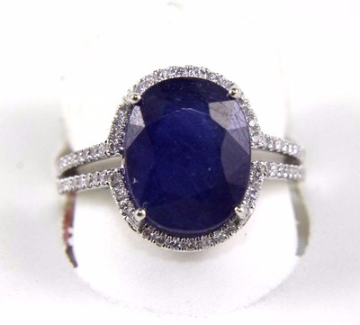 Natural Oval Blue Sapphire & Diamond Halo Bridge Ring 14k White Gold 7.19Ct