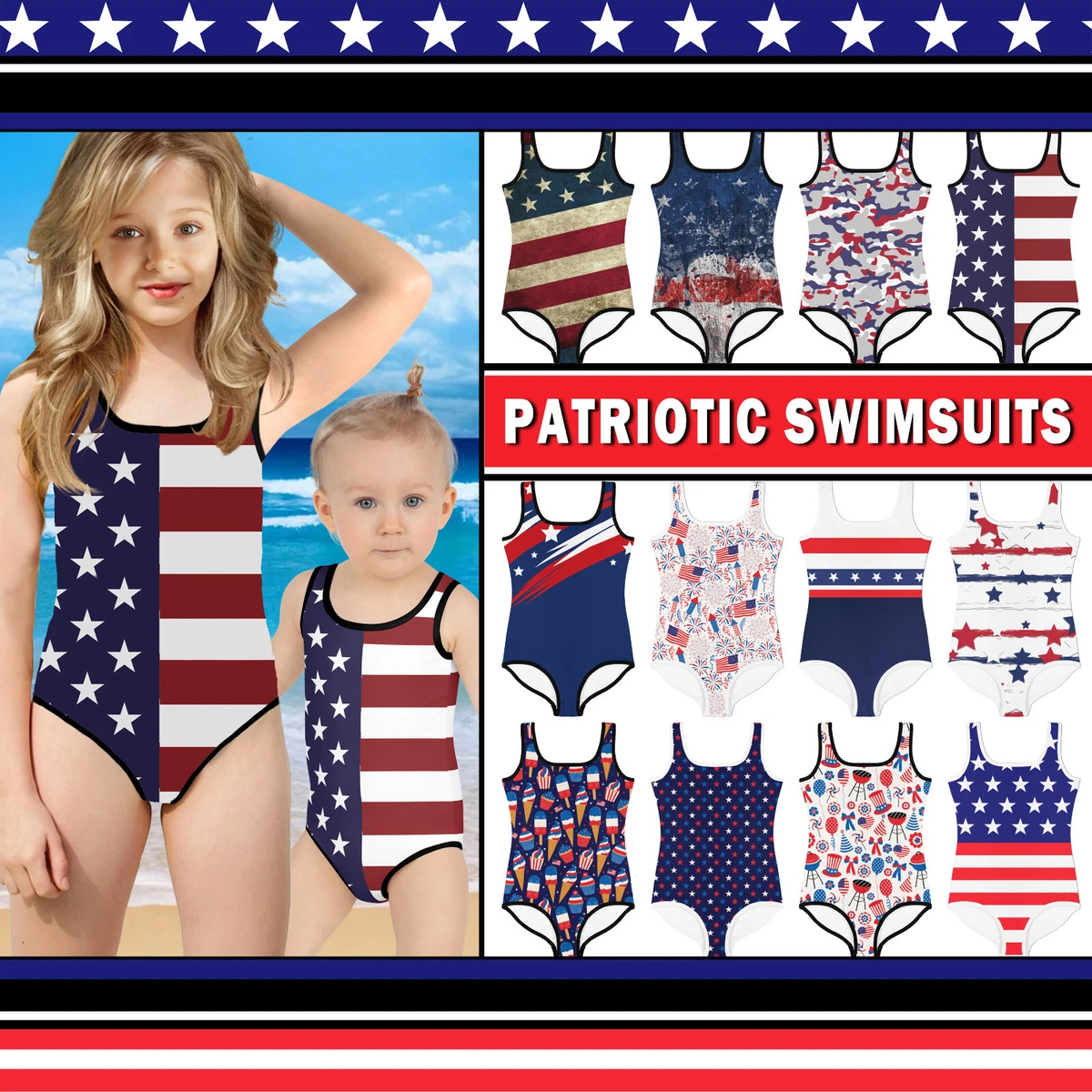 Kids Patriotic Swimsuit #1 - Baby Girl Teens Bathing Suit American