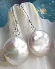 New Natural White Coin Pearl 11-12mm 925 Silver Dangle Earrings
