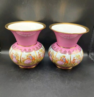 2 Vtg JKW Carlsbad Porcelain Gold Trimmed German Vases