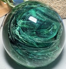 Hand Blown Emerald Green Art Glass Paperweight 3 Heavy Swirl Orb Studio Glass