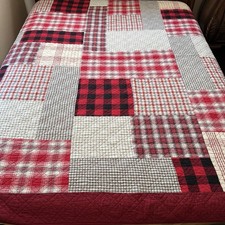 88x88 Cotton Patchwork Quilt Red Gray Plaid Buffalo Check Cottage Bedspread