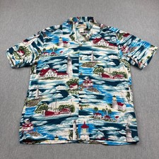 Vintage Paradise Found Shirt Mens Medium Blue Lighthouse Camp Rayon Made in USA